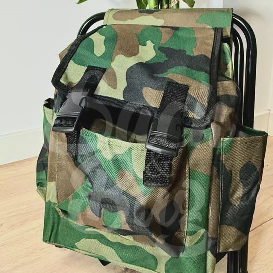 mochila silla camuflaje funcional plegable video