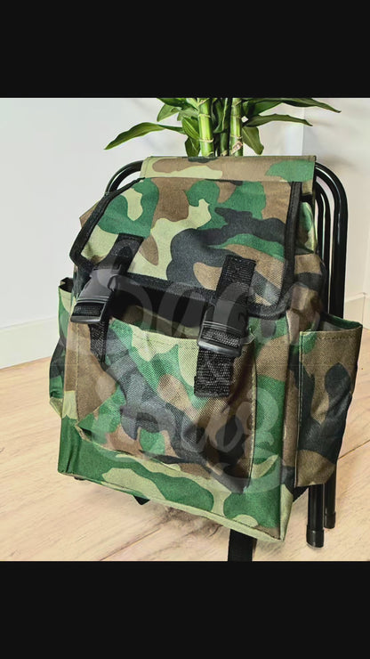 mochila silla camuflaje funcional plegable video